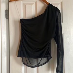 One shoulder, rushed mesh top